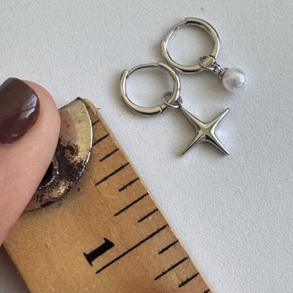 Sterling Silver Hoop Earrings with Pearl & Star Charms - Picture 9 of 9